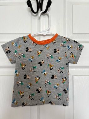 Disney Gray Tee with Orange Trim and Mickey & Friends Print